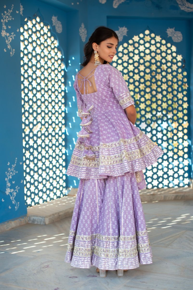 CHHIPA BAZAR LILAC COTTON GOTA PATTI HAND BLOCK SHARARA SET WITH SOFT NET DUPATTA - Pomcha Jaipur
