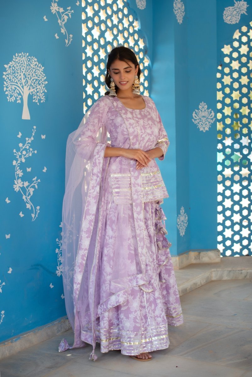 CHHIPA BAZAR LILAC TULSI HAND BLOCK GOTA PATTI COTTON SKIRT SET WITH SOFT NET DUPATTA - Pomcha Jaipur