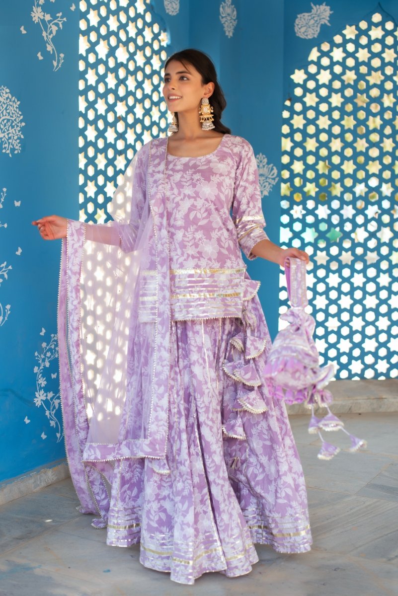CHHIPA BAZAR LILAC TULSI HAND BLOCK GOTA PATTI COTTON SKIRT SET WITH SOFT NET DUPATTA - Pomcha Jaipur