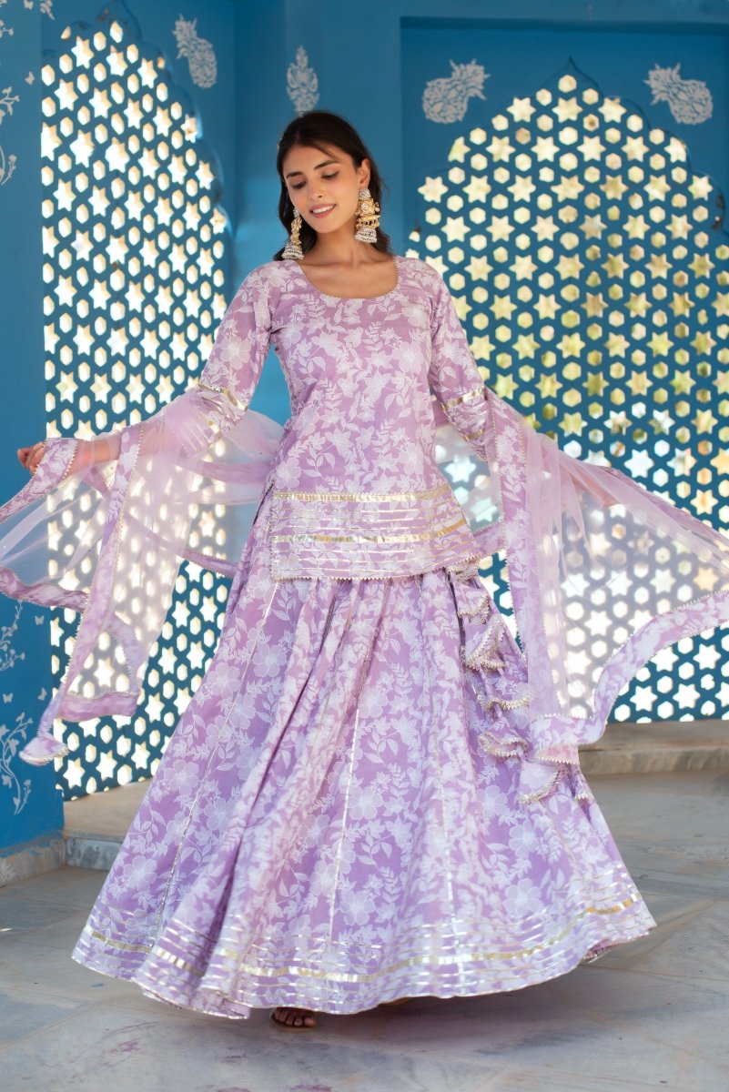 CHHIPA BAZAR LILAC TULSI HAND BLOCK GOTA PATTI COTTON SKIRT SET WITH SOFT NET DUPATTA - Pomcha Jaipur
