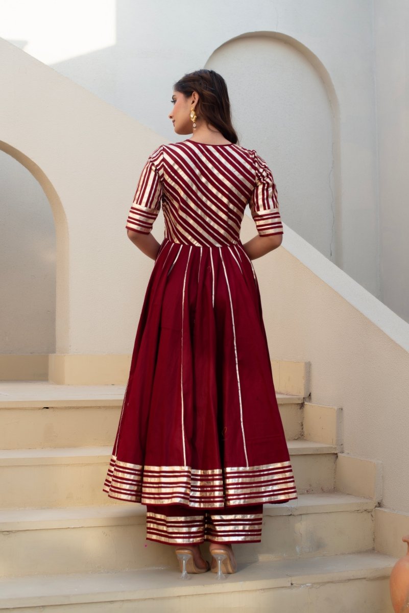 CHHIPA BAZAR MAROON GLACE COTTON GOTA PATTI ANARKALI WITH ORGANZA DUPATTA - Pomcha Jaipur