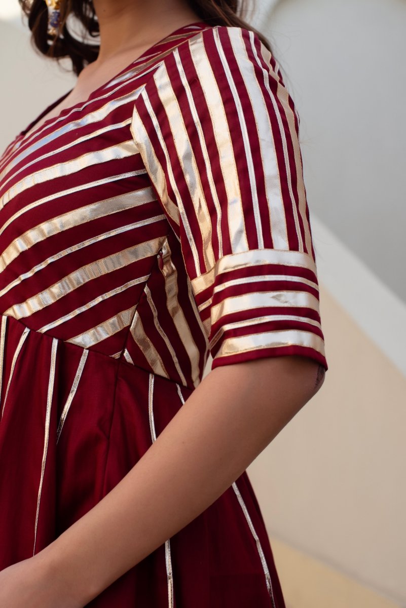 CHHIPA BAZAR MAROON GLACE COTTON GOTA PATTI ANARKALI WITH ORGANZA DUPATTA - Pomcha Jaipur