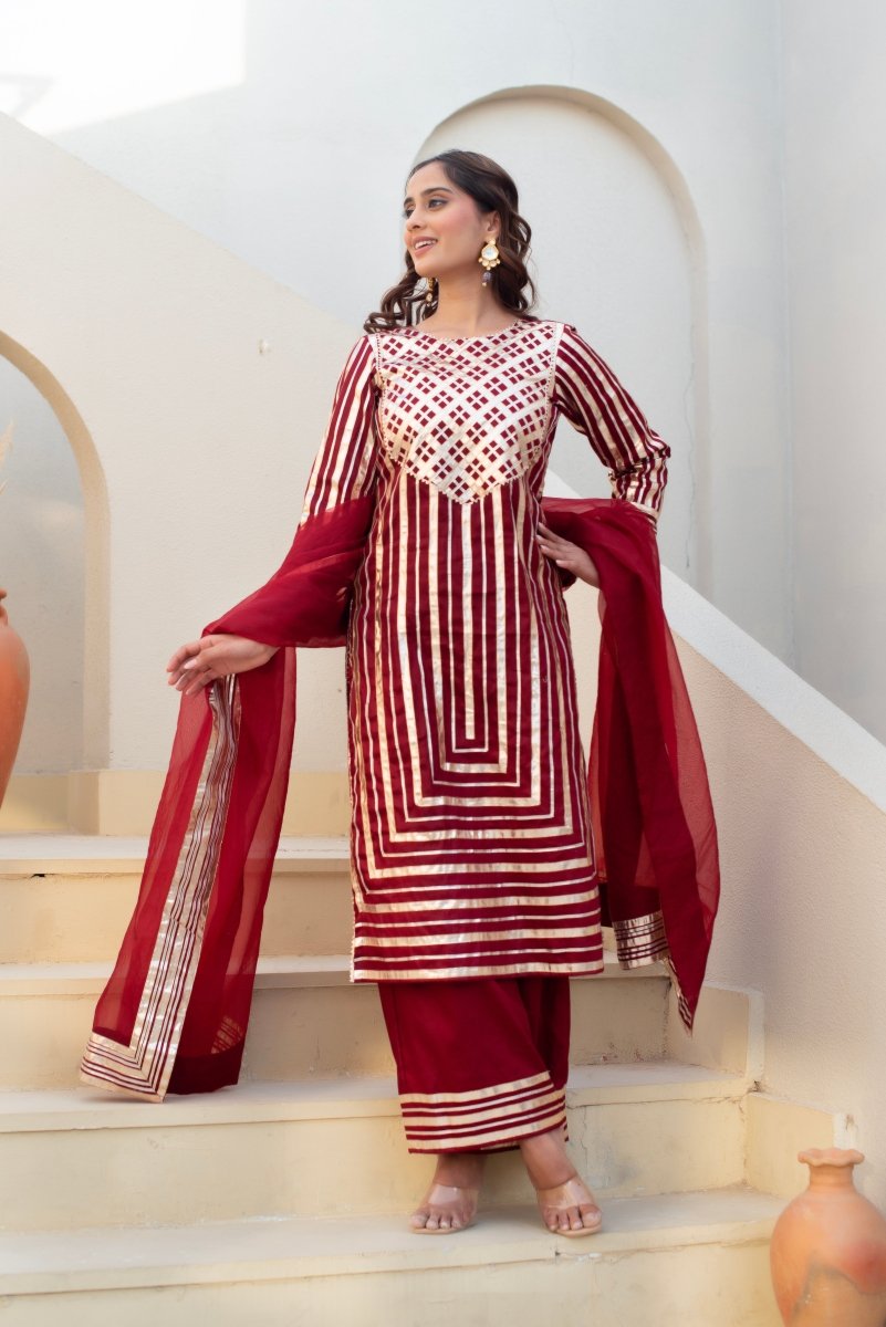 CHHIPA BAZAR MAROON GLACE COTTON GOTA PATTI SUIT SET WITH ORGANZA DUPATTA - Pomcha Jaipur