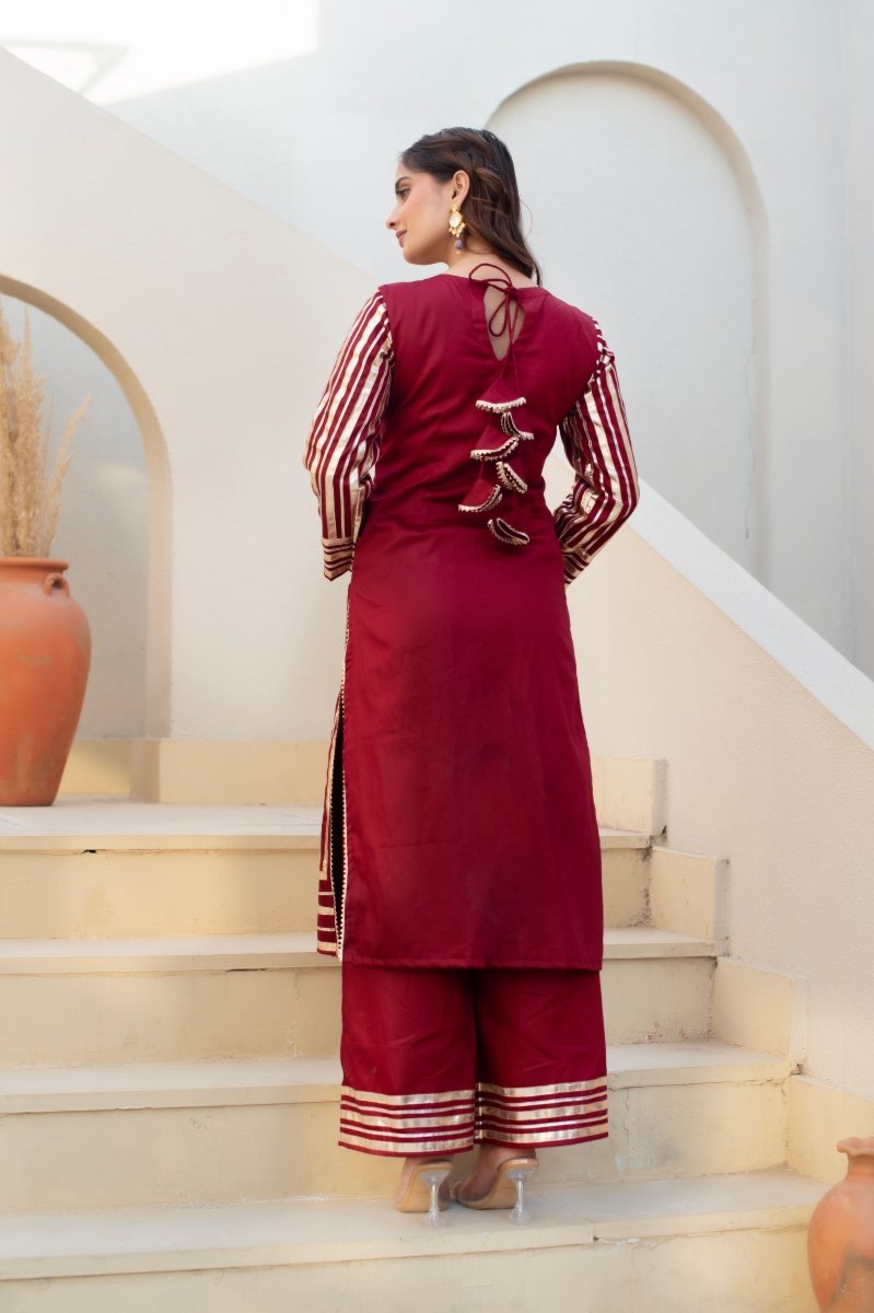 CHHIPA BAZAR MAROON GLACE COTTON GOTA PATTI SUIT SET WITH ORGANZA DUPATTA - Pomcha Jaipur