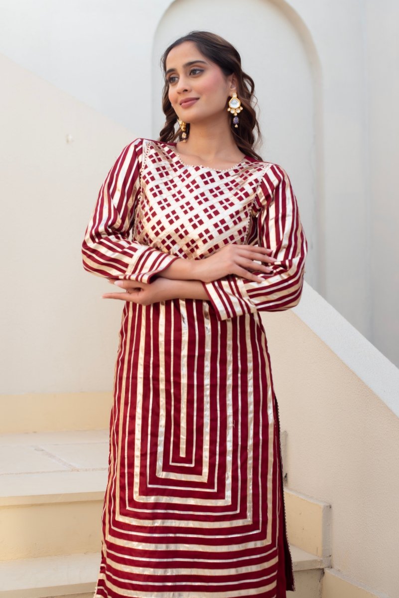 CHHIPA BAZAR MAROON GLACE COTTON GOTA PATTI SUIT SET WITH ORGANZA DUPATTA - Pomcha Jaipur