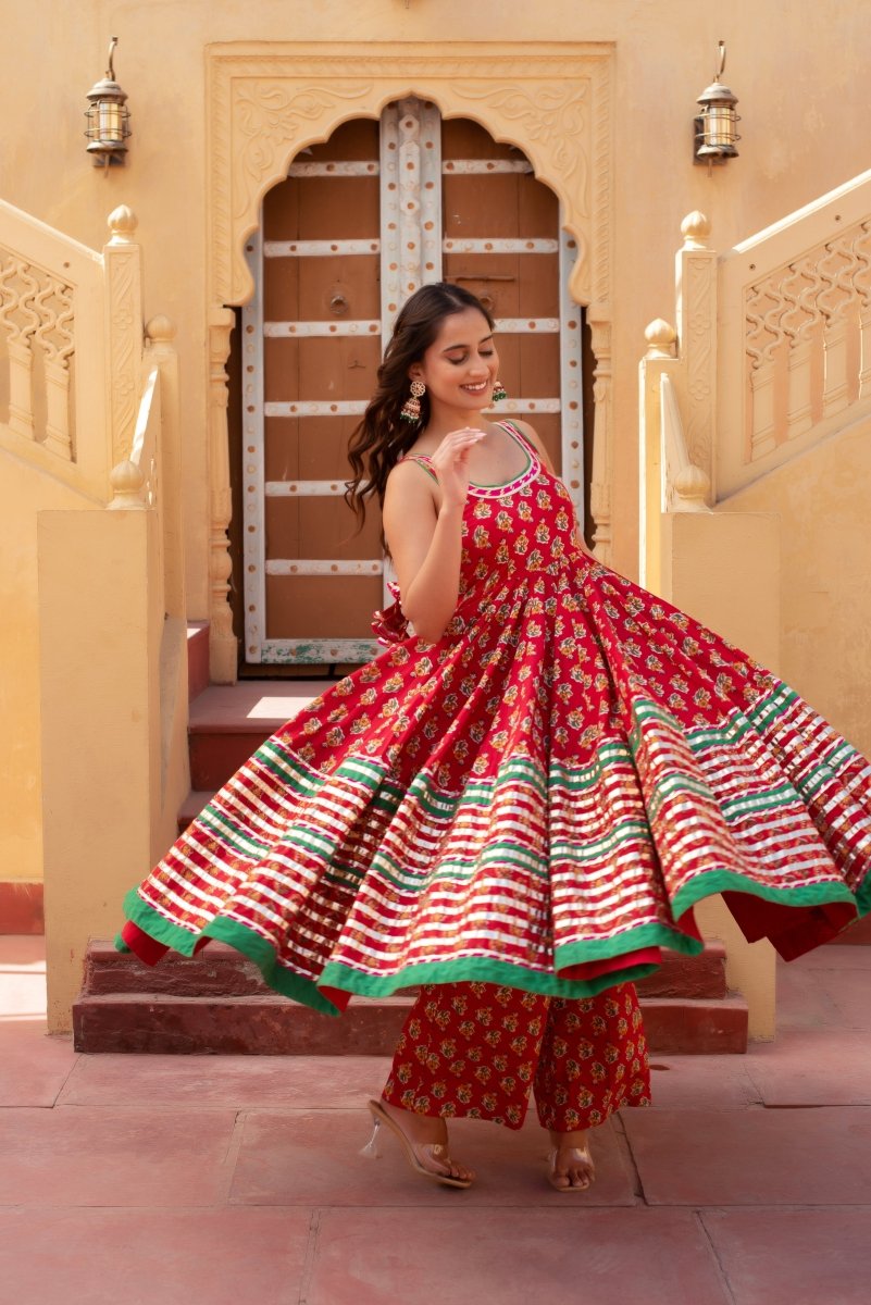 CHHIPA BAZAR PARI RED COTTON GOTA PATTI ANARKALI SET WITH SOFT NET DUPATTA - Pomcha Jaipur
