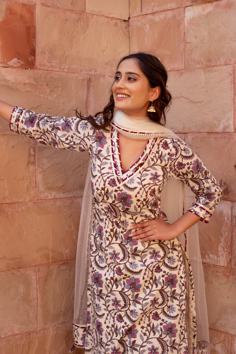 CHHIPA BAZAR PURPLE OFF WHITE GARDEN ROSE COTTON SUIT SET WITH SOFT NET DUPATTA - Pomcha Jaipur