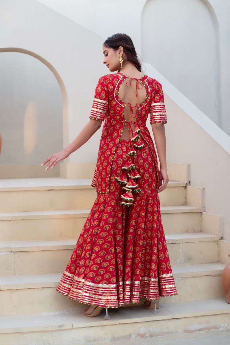 CHHIPA BAZAR RED HAND BLOCK COTTON GOTA PATTI KURTA SHARARA SET WITH SOFT NET DUPATTA - Pomcha Jaipur