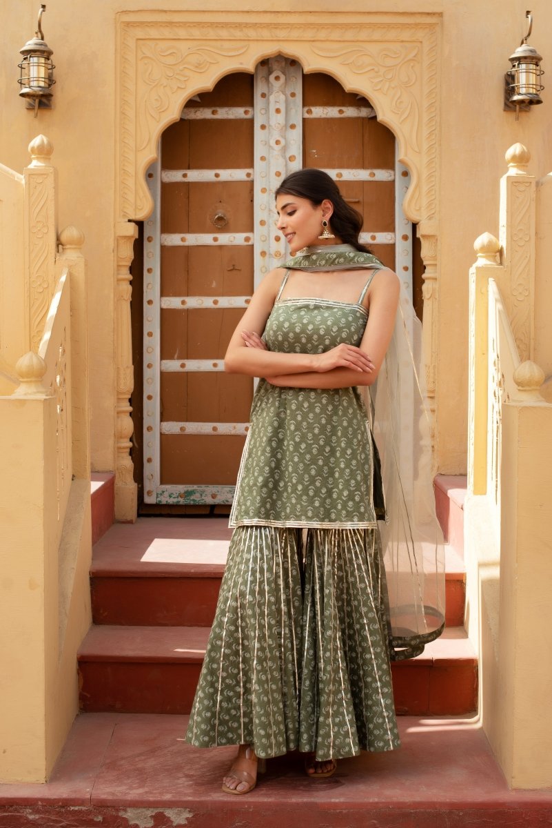 CHHIPA BAZAR SAGE GREEN COTTON HAND BLOCK GOTA PATTI SHARARA SET WITH SOFT NET DUPATTA - Pomcha Jaipur