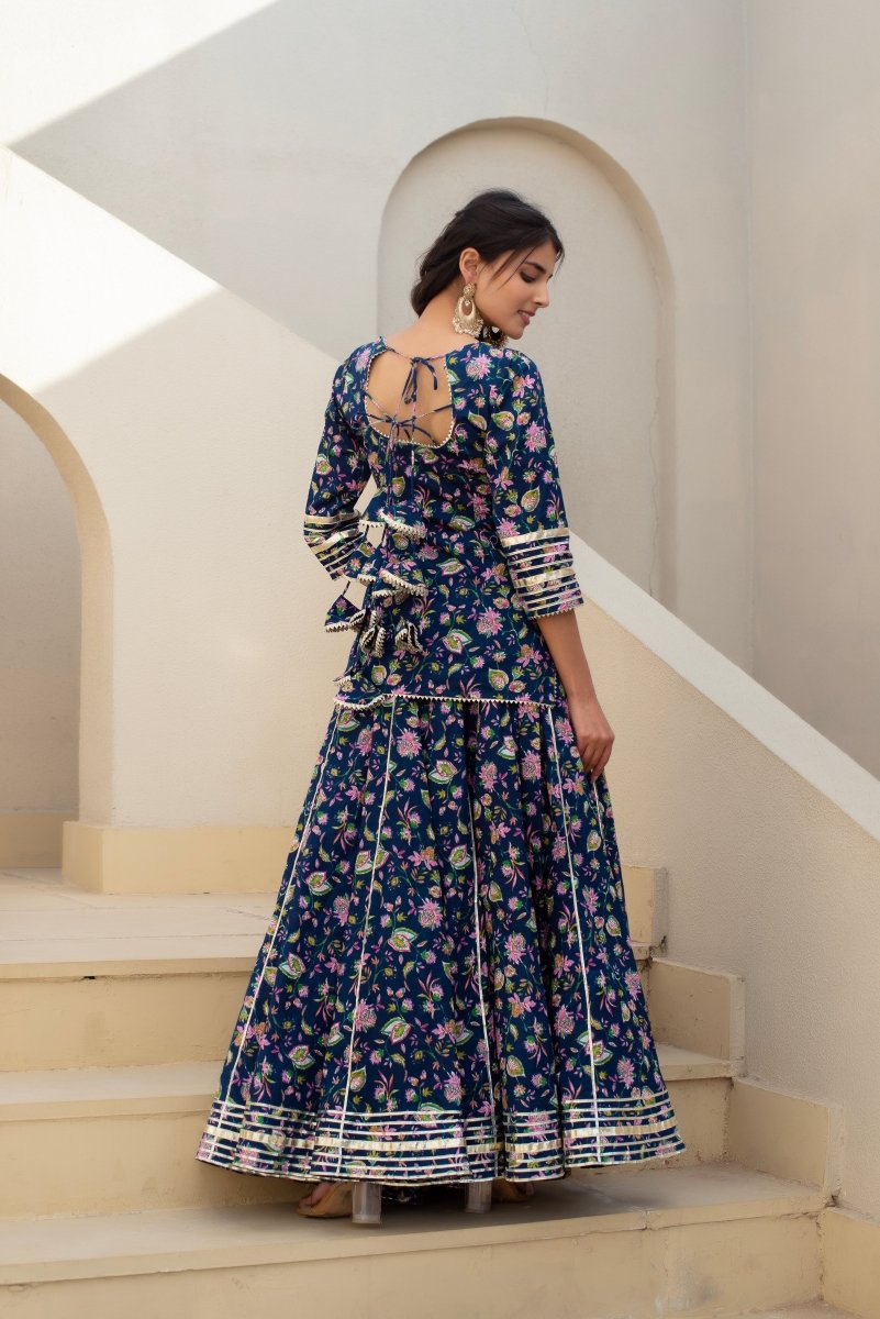 CHHIPA BAZAR TULSI BLUE COTTON GOTA PATTI SKIRT SET WITH SOFT NET DUPATTA - Pomcha Jaipur
