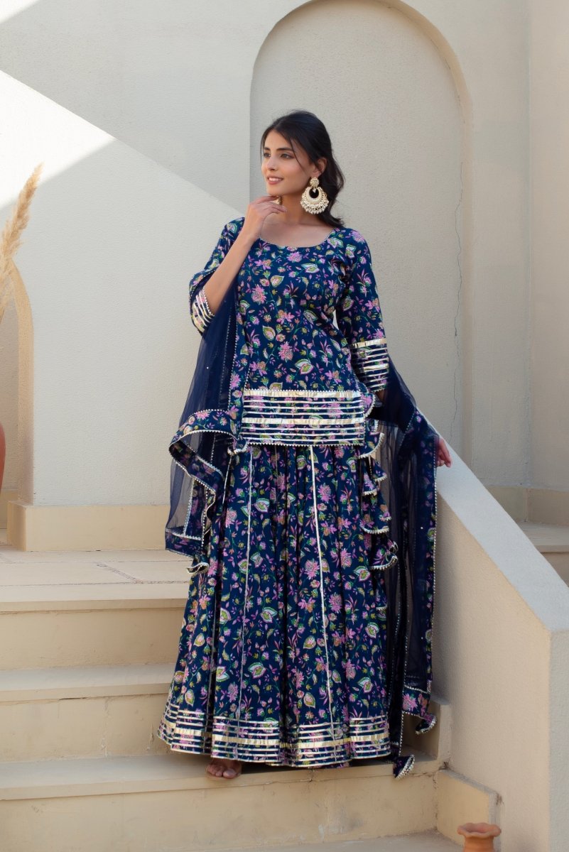CHHIPA BAZAR TULSI BLUE COTTON GOTA PATTI SKIRT SET WITH SOFT NET DUPATTA - Pomcha Jaipur