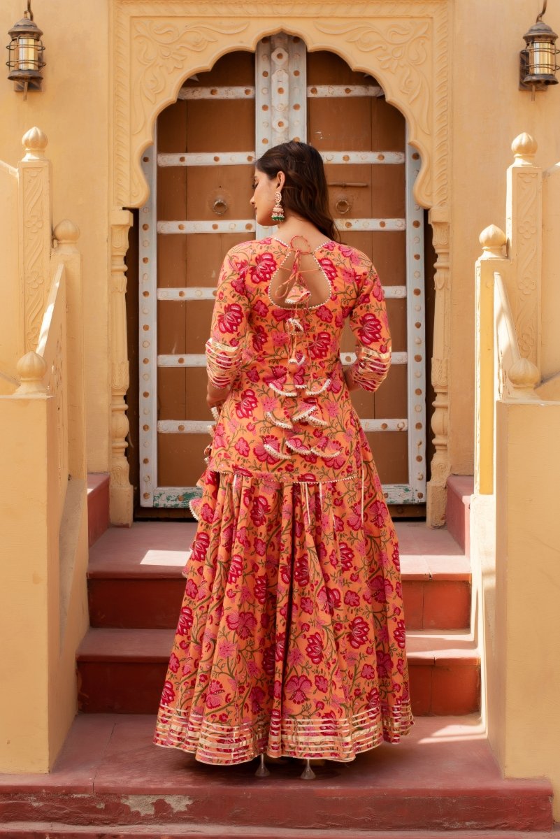CHHIPA BAZAR TULSI PEACH HAND BLOCK COTTON GOTA PATTI SKIRT SET WITH SOFT NET DUPATTA - Pomcha Jaipur