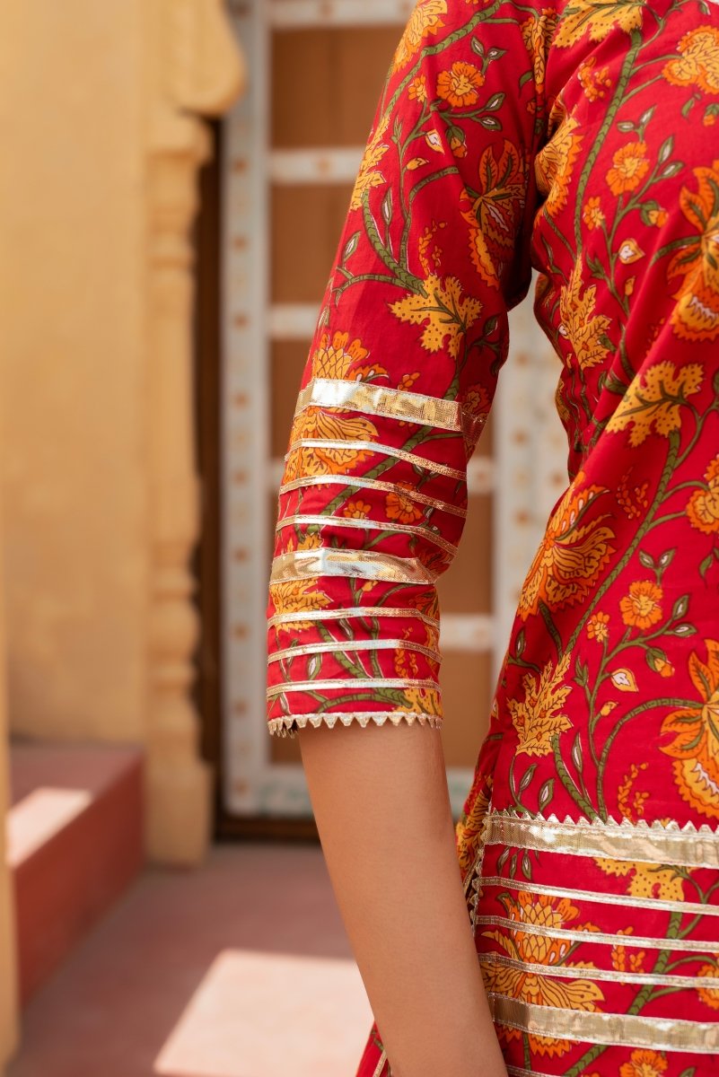 CHHIPA BAZAR TULSI RED COTTON HAND BLOCK GOTA PATTI SKIRT SET WITH SOFT NET DUPATTA - Pomcha Jaipur