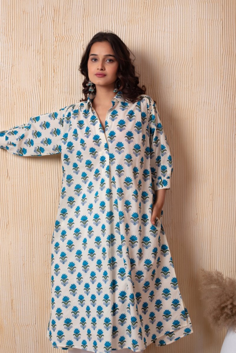DHOOP CHAAV AISHA BLUE HAND BLOCK COTTON CO - ORD SET - Pomcha Jaipur