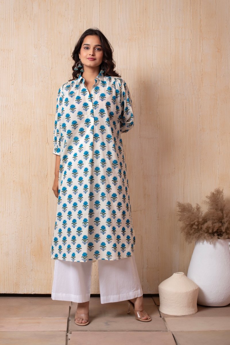 DHOOP CHAAV AISHA BLUE HAND BLOCK COTTON CO - ORD SET - Pomcha Jaipur