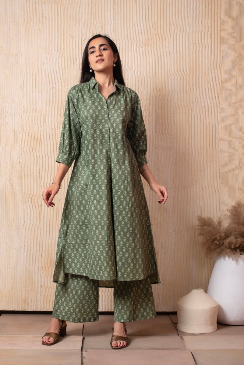 DHOOP CHAAV AISHA GREEN HAND BLOCK COTTON WHITE CO - ORD SET - Pomcha Jaipur