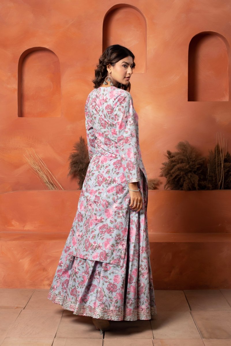 DHOOP CHAAV BLUE COTTON PRINTED KURTA SKIRT SET WITH SOFT NET DUPATTA - Pomcha Jaipur