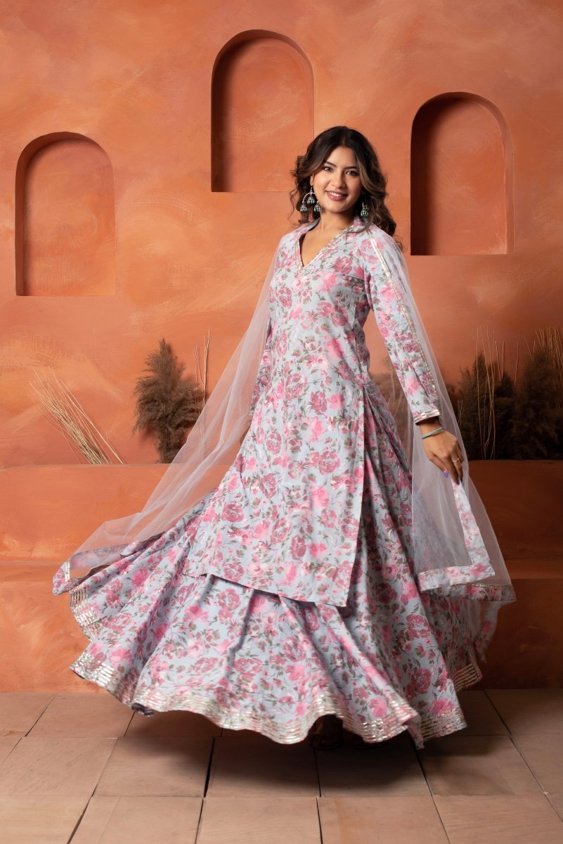 DHOOP CHAAV BLUE COTTON PRINTED KURTA SKIRT SET WITH SOFT NET DUPATTA - Pomcha Jaipur