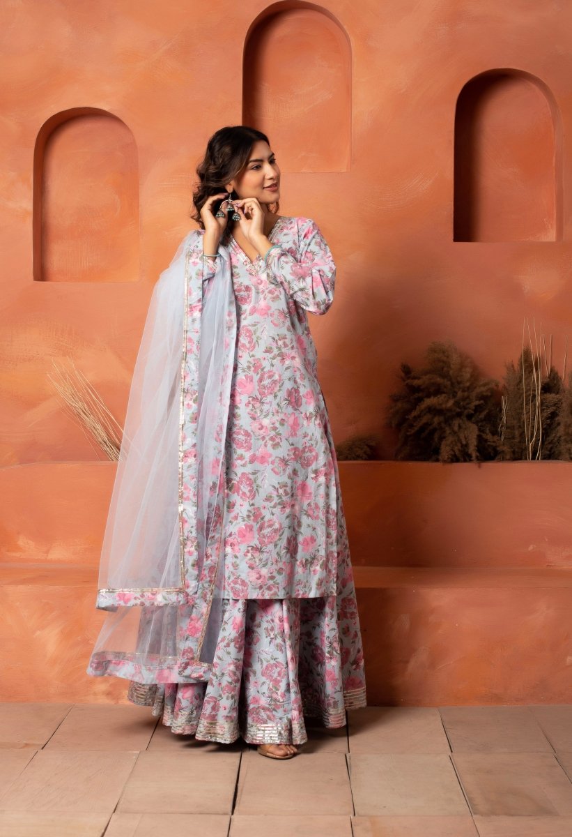 DHOOP CHAAV BLUE COTTON PRINTED KURTA SKIRT SET WITH SOFT NET DUPATTA - Pomcha Jaipur