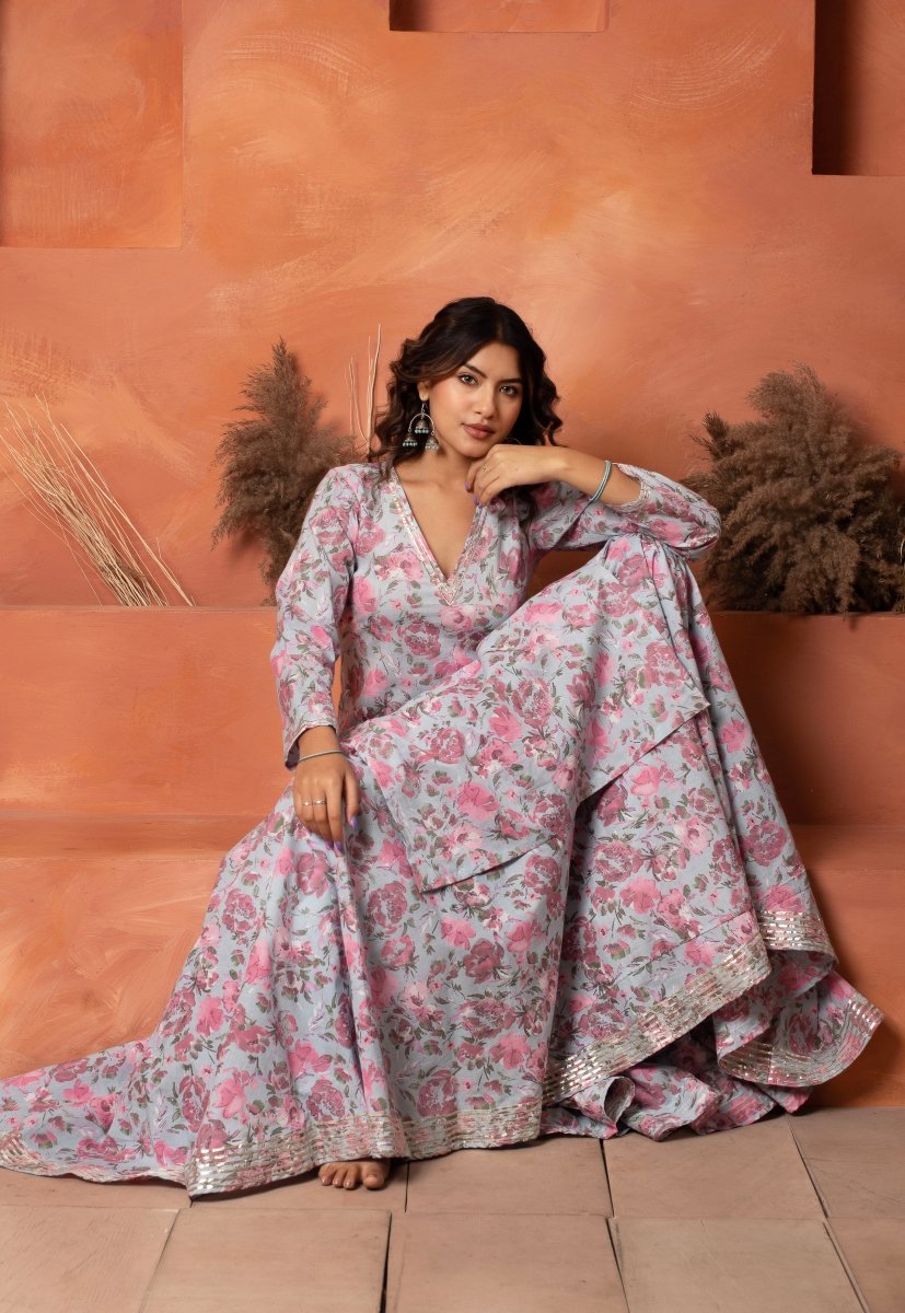 DHOOP CHAAV BLUE COTTON PRINTED KURTA SKIRT SET WITH SOFT NET DUPATTA - Pomcha Jaipur
