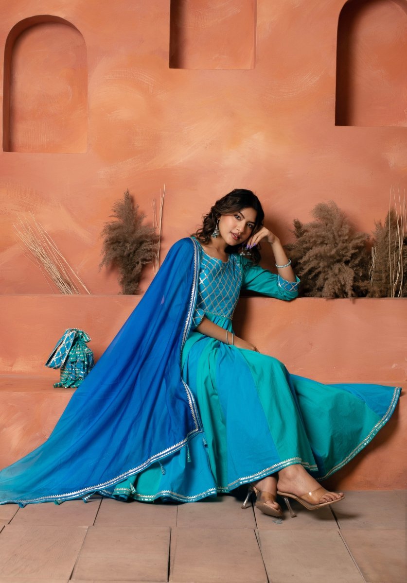 DHOOP CHAAV BLUE TWO SHADE COTTON ANARKALI SET WITH CHIFFON PRINTED DUPATTA - Pomcha Jaipur