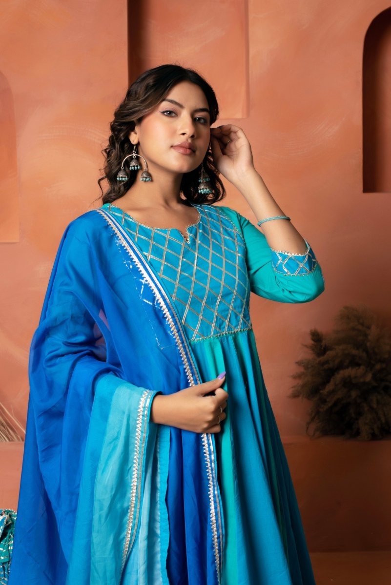 DHOOP CHAAV BLUE TWO SHADE COTTON ANARKALI SET WITH CHIFFON PRINTED DUPATTA - Pomcha Jaipur