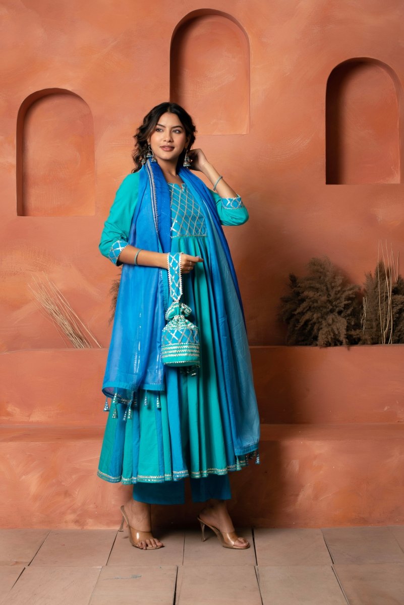 DHOOP CHAAV BLUE TWO SHADE COTTON ANARKALI SET WITH CHIFFON PRINTED DUPATTA - Pomcha Jaipur