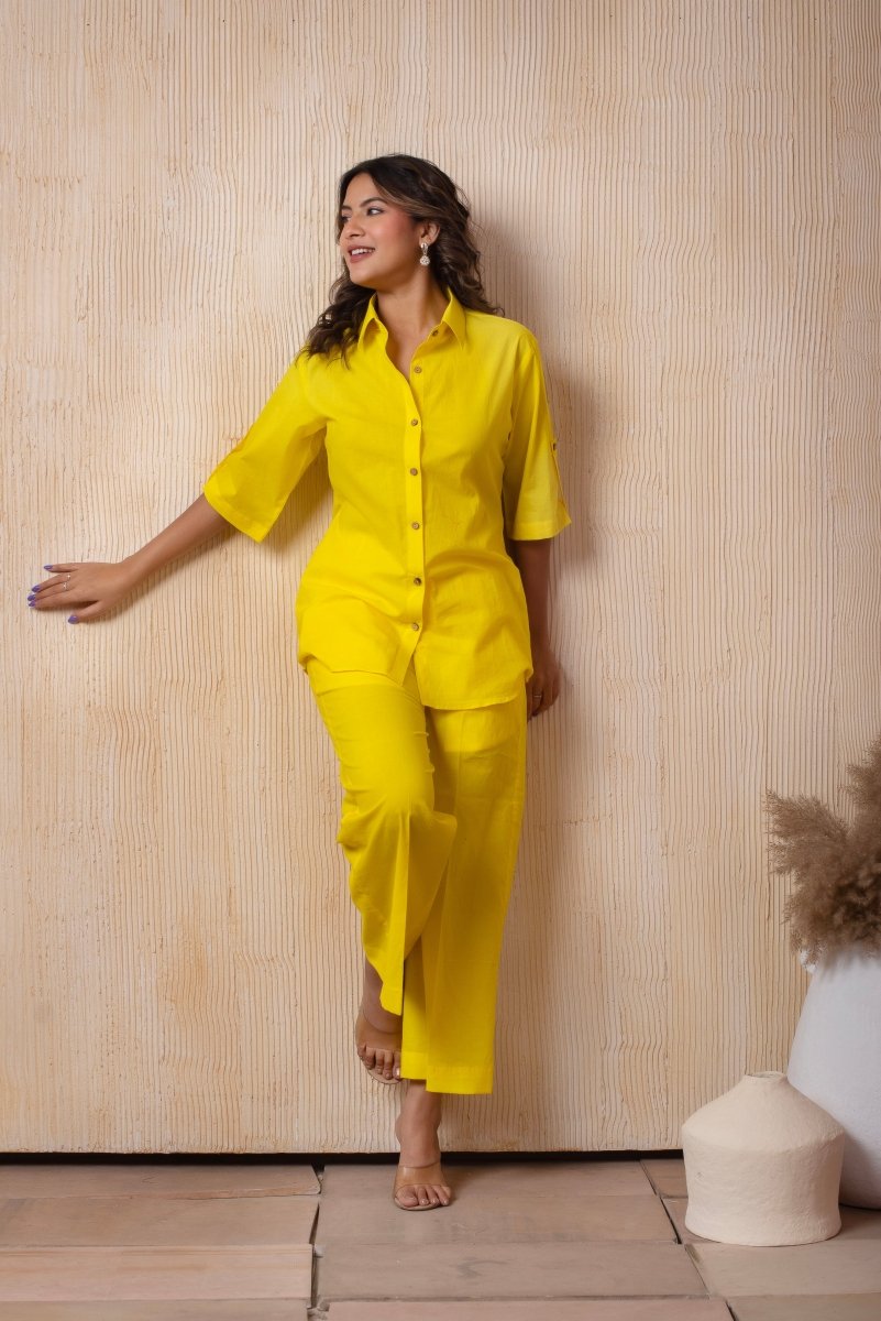 DHOOP CHAAV BRIGHT YELLOW COTTON SHIRT AND PANT SET - Pomcha Jaipur