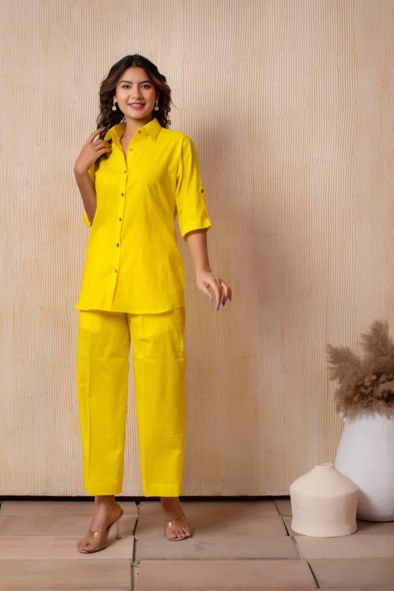 DHOOP CHAAV BRIGHT YELLOW COTTON SHIRT AND PANT SET - Pomcha Jaipur