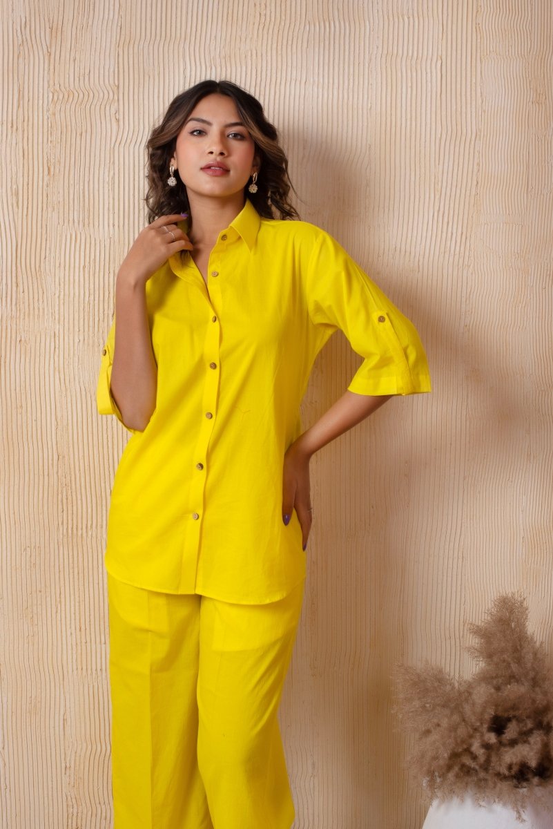 DHOOP CHAAV BRIGHT YELLOW COTTON SHIRT AND PANT SET - Pomcha Jaipur