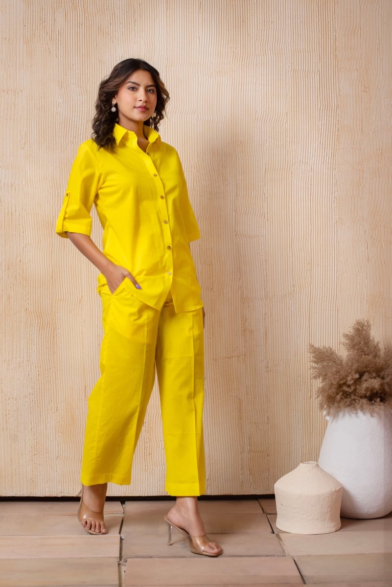 DHOOP CHAAV BRIGHT YELLOW COTTON SHIRT AND PANT SET - Pomcha Jaipur
