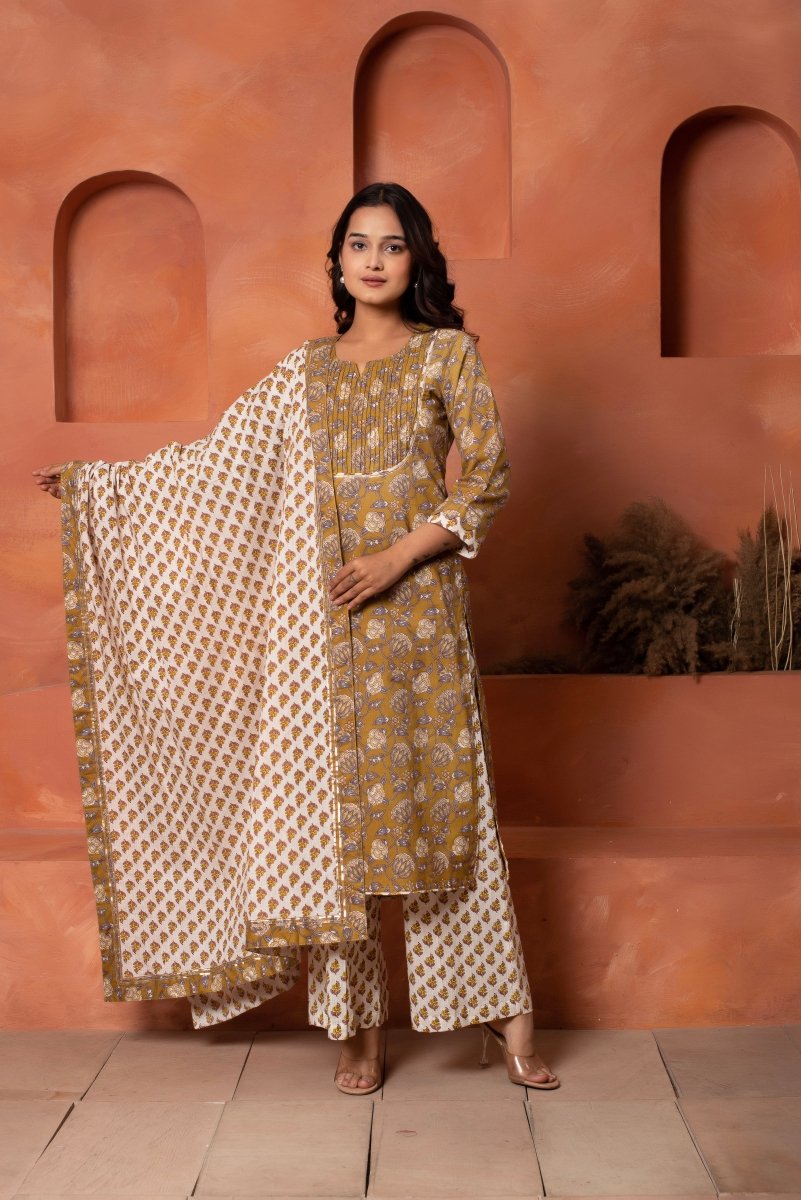 DHOOP CHAAV BROWN HAND BLOCK PRINT COTTON SUIT SET WITH COTTON DUPATTA - Pomcha Jaipur