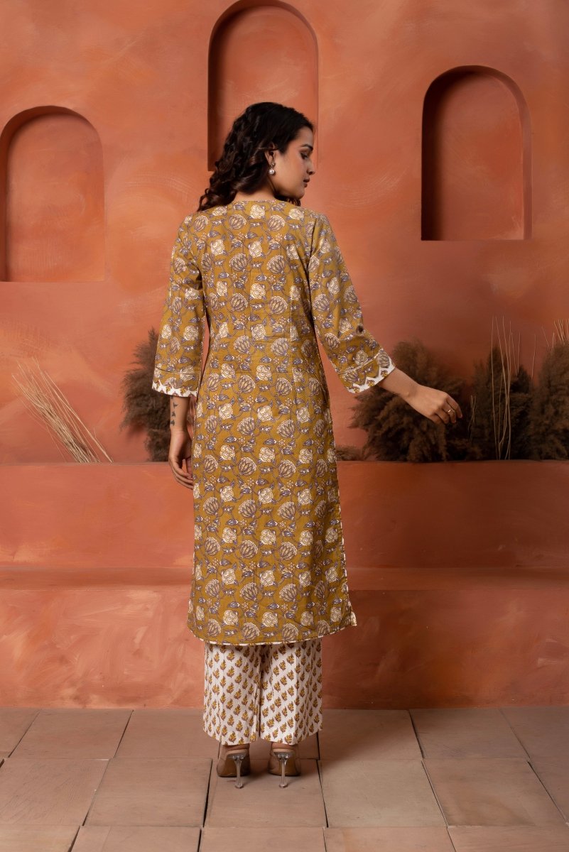 DHOOP CHAAV BROWN HAND BLOCK PRINT COTTON SUIT SET WITH COTTON DUPATTA - Pomcha Jaipur