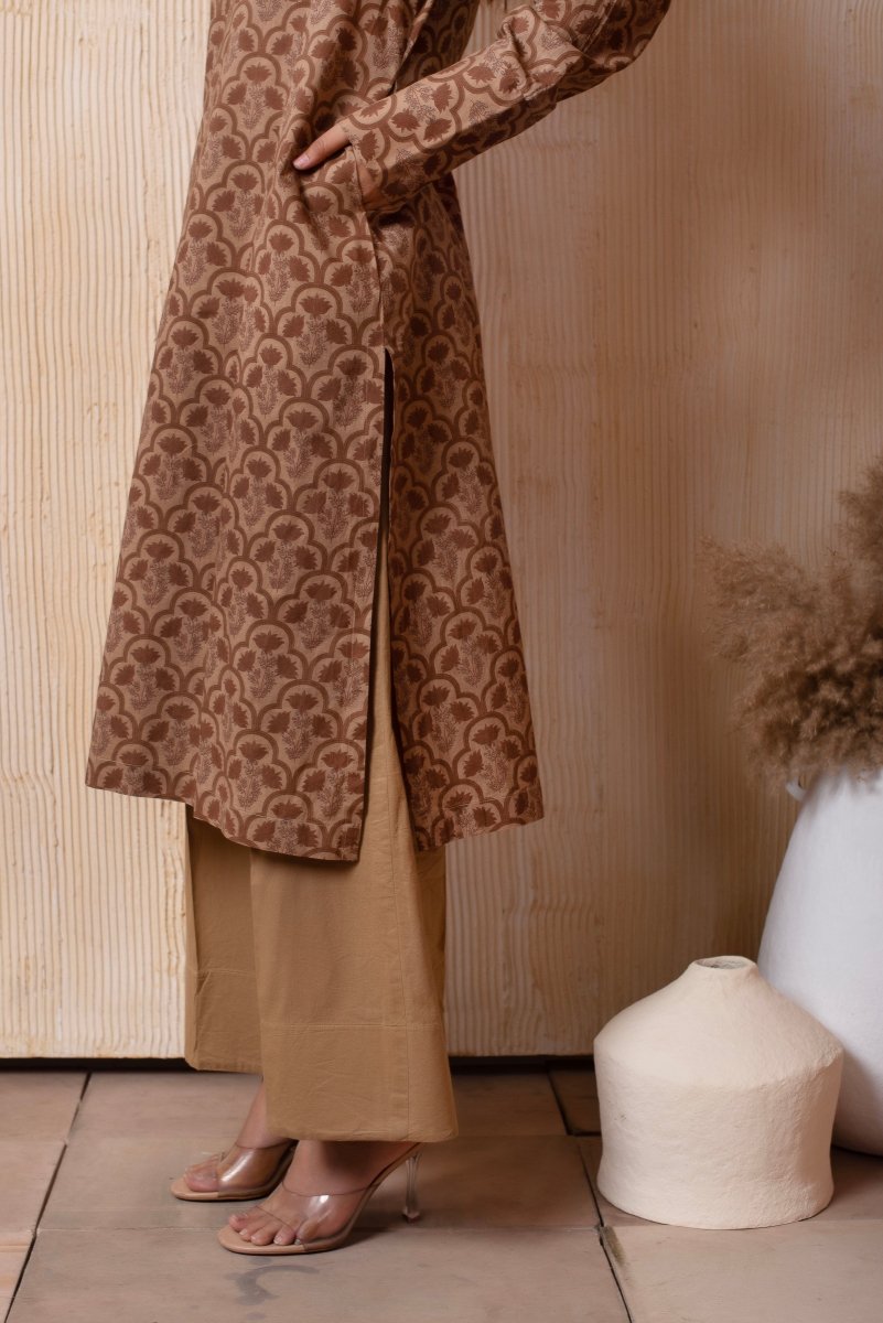 DHOOP CHAAV COTTON BROWN HAND BLOCK 3 PIECE SET - Pomcha Jaipur