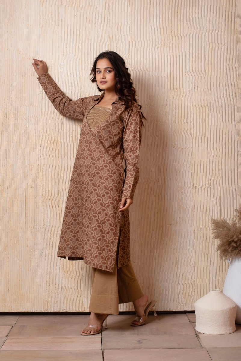 DHOOP CHAAV COTTON BROWN HAND BLOCK 3 PIECE SET - Pomcha Jaipur