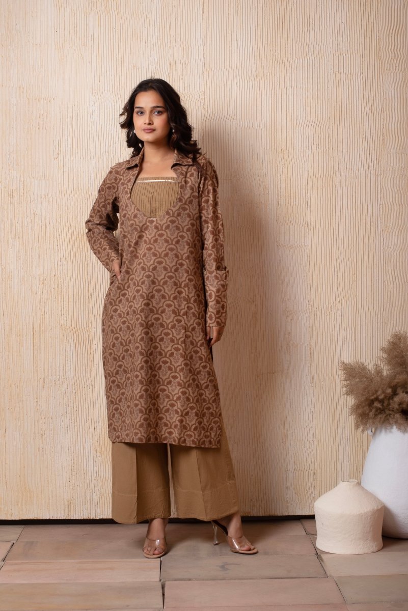 DHOOP CHAAV COTTON BROWN HAND BLOCK 3 PIECE SET - Pomcha Jaipur