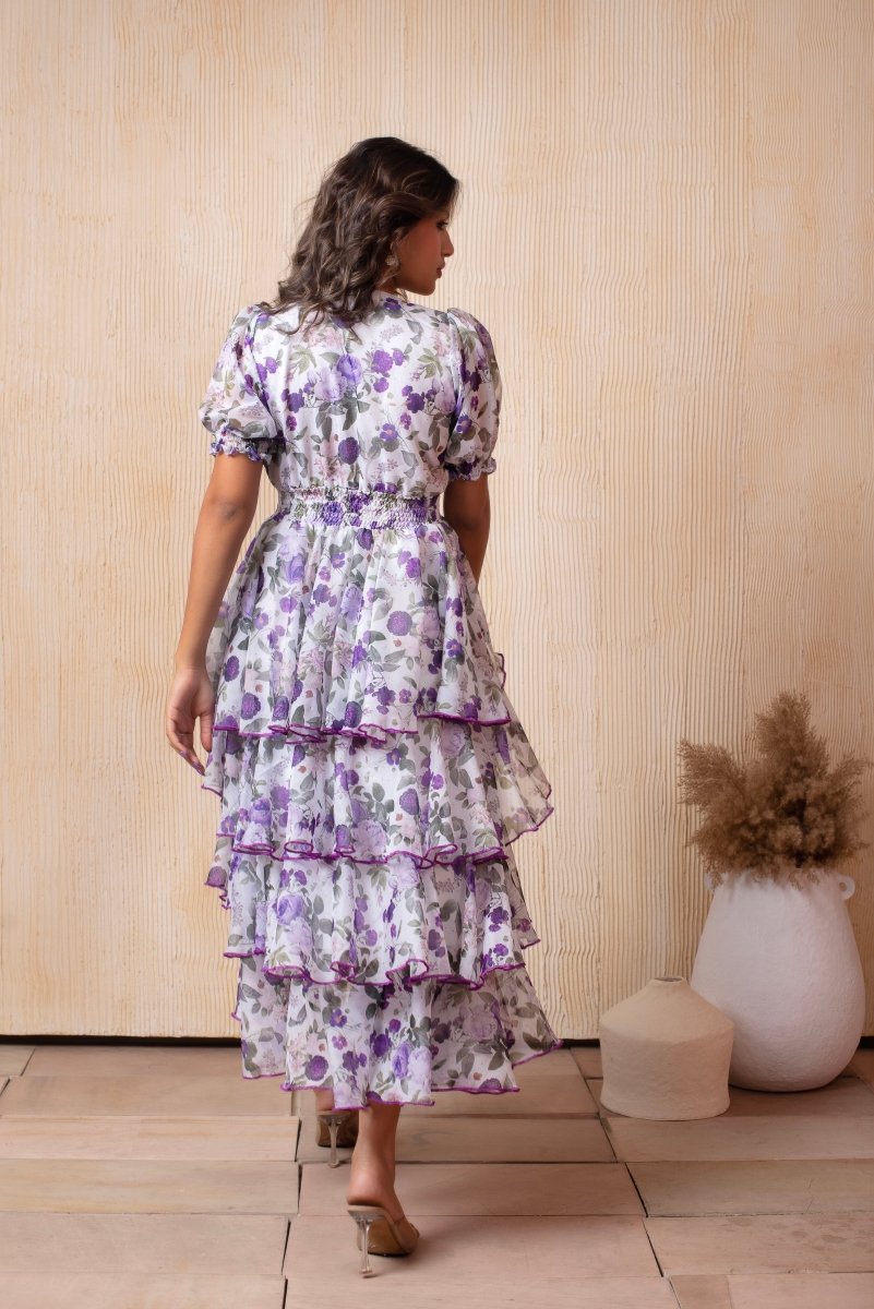 DHOOP CHAAV GLORIA LEVENDER FLORAL PRINT RUFFLE ORGANZA MIDI DRESS - Pomcha Jaipur