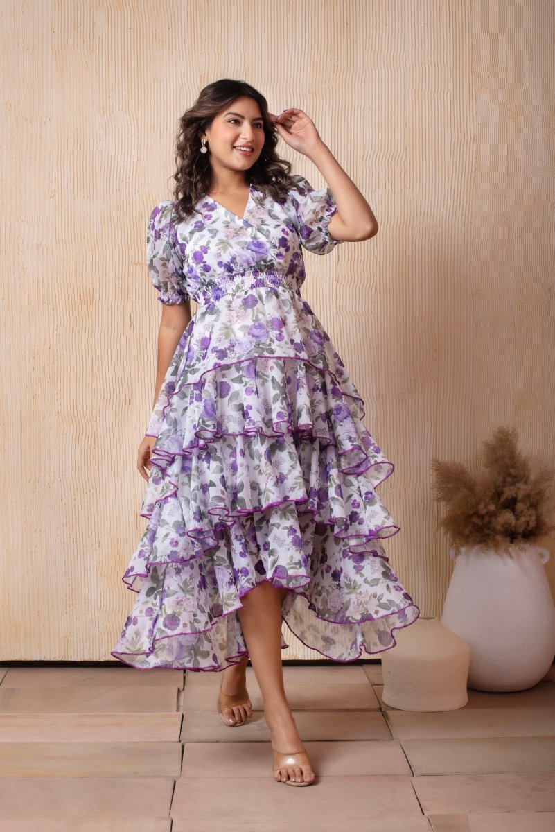 DHOOP CHAAV GLORIA LEVENDER FLORAL PRINT RUFFLE ORGANZA MIDI DRESS - Pomcha Jaipur