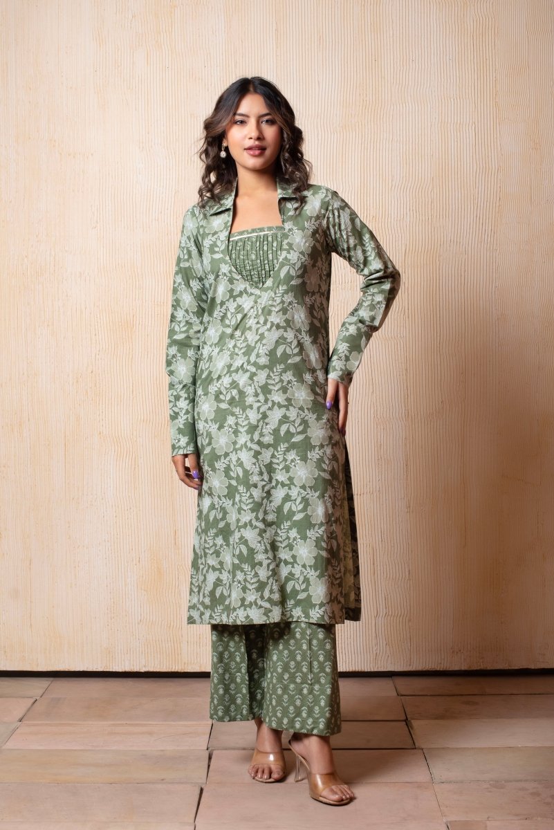 DHOOP CHAAV GREEN HAND BLOCK PRINT COTTON 3 PIECE SET - Pomcha Jaipur