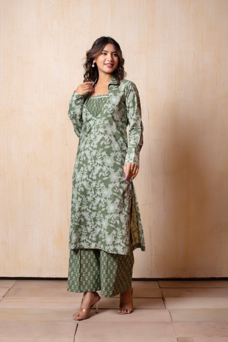 DHOOP CHAAV GREEN HAND BLOCK PRINT COTTON 3 PIECE SET - Pomcha Jaipur