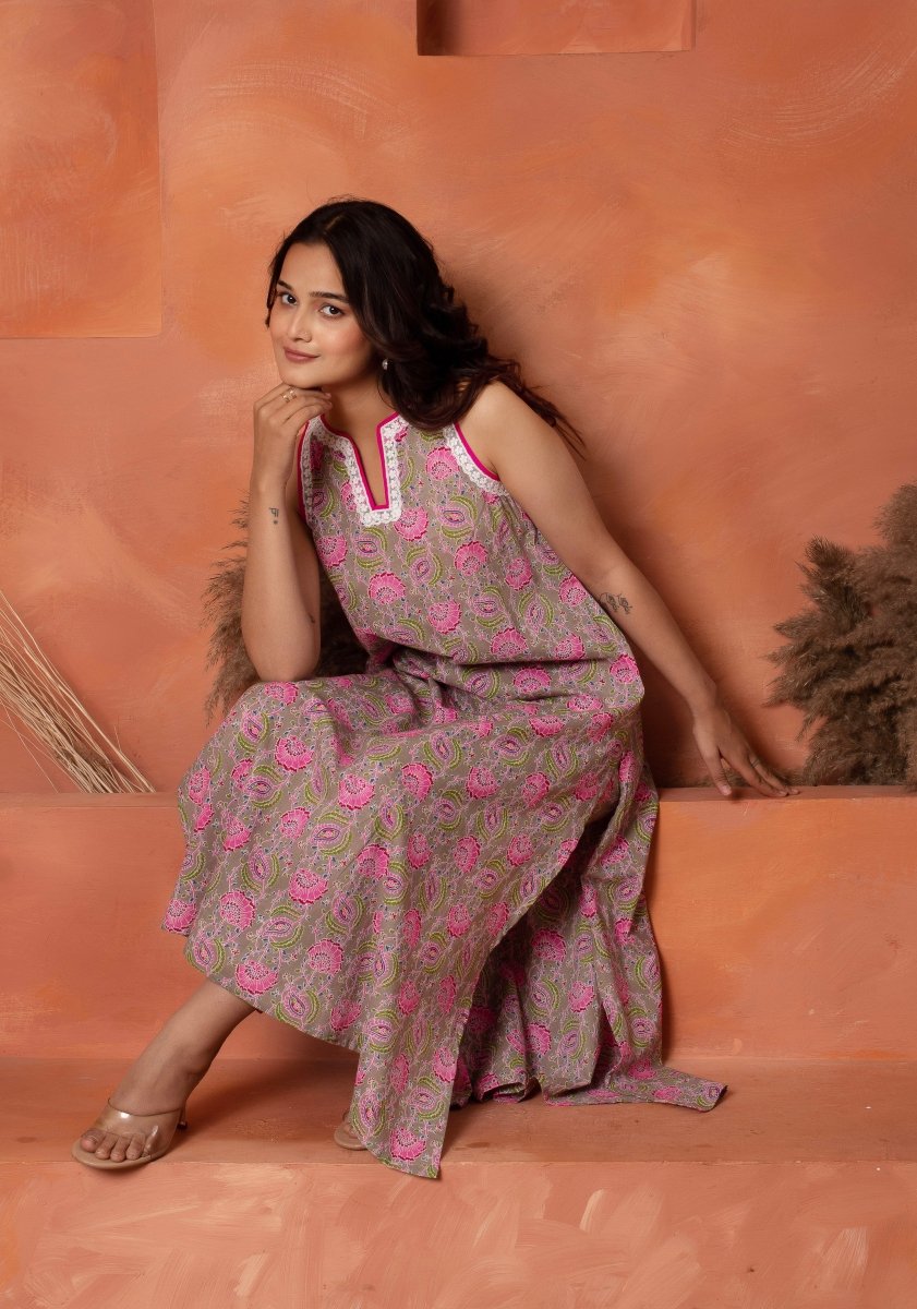 DHOOP CHAAV GREY HAND BLOCK COTTON CO - ORD SET - Pomcha Jaipur