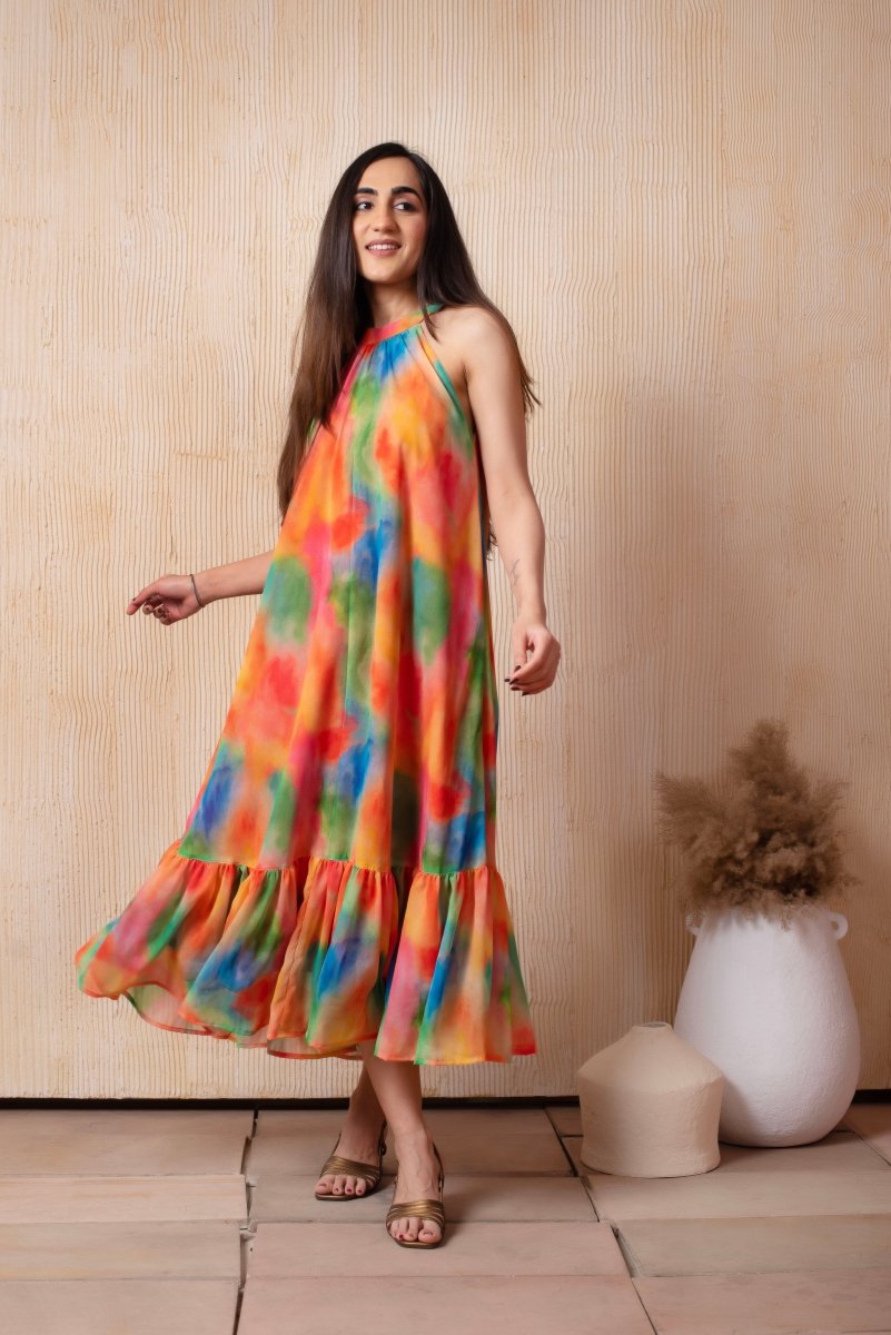 DHOOP CHAAV LAILA DYED PRINT HALTER NECK GEORGETTE MIDI DRESS - Pomcha Jaipur