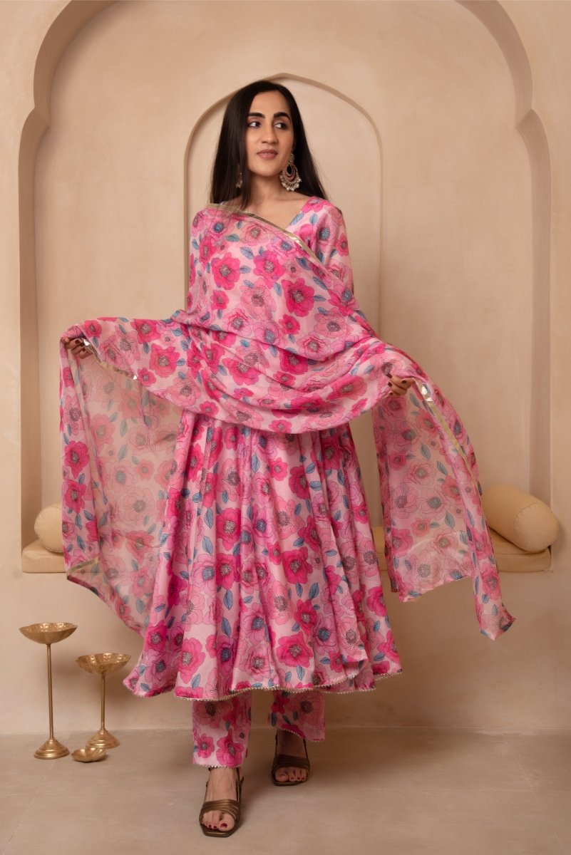 DHOOP CHAAV LEELA MUSLIN ANARKALI SET WITH ORGANZA DUPATTA - Pomcha Jaipur