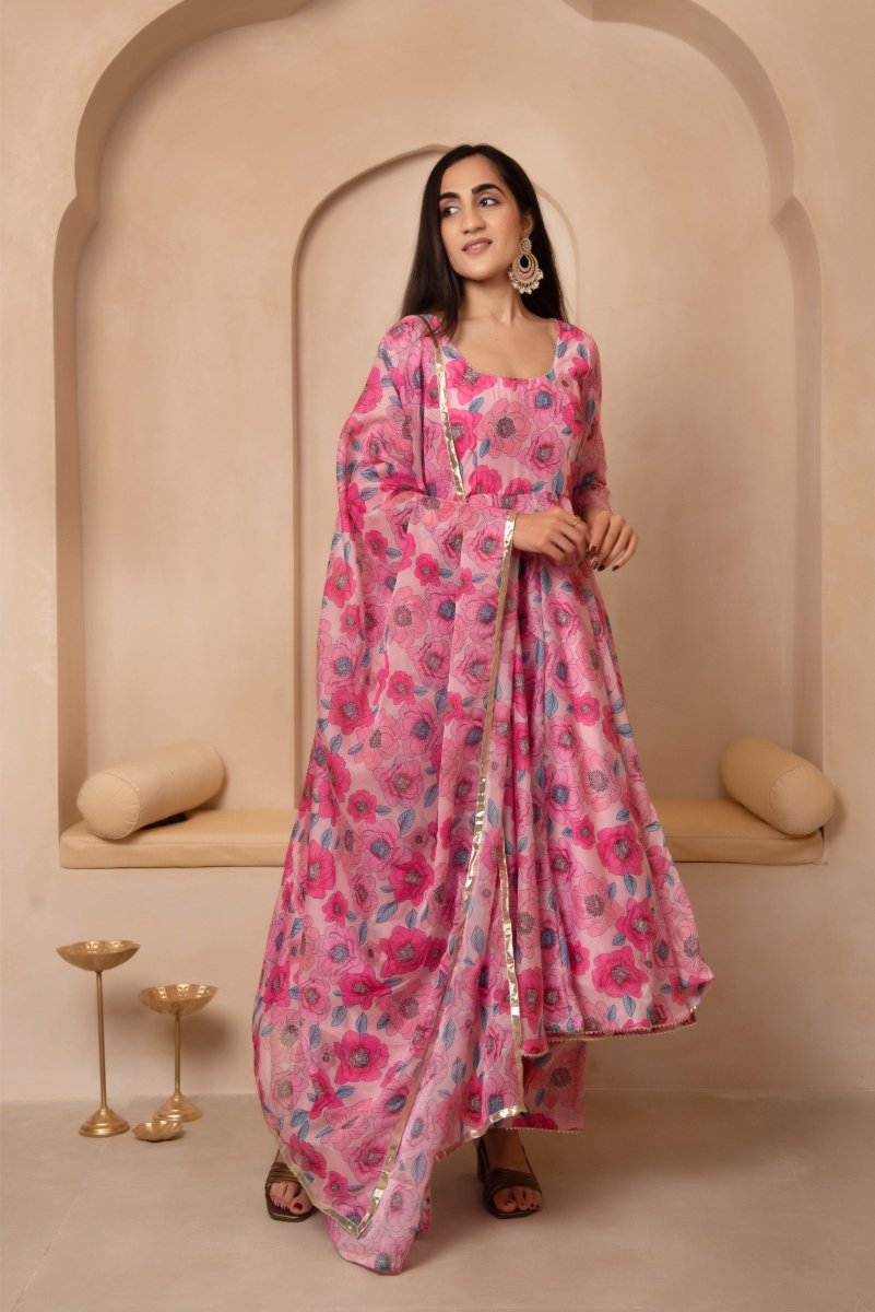 DHOOP CHAAV LEELA MUSLIN ANARKALI SET WITH ORGANZA DUPATTA - Pomcha Jaipur