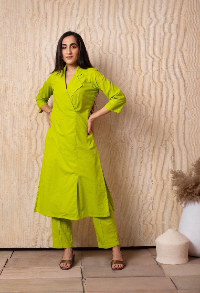 DHOOP CHAAV LIME GREEN COTTON COLLARED CO - ORD SET - Pomcha Jaipur