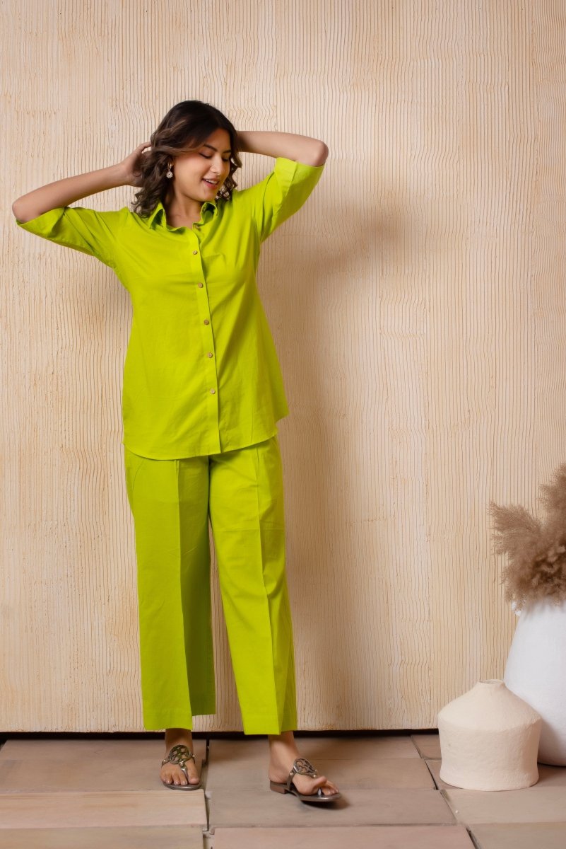 DHOOP CHAAV LIME GREEN COTTON SHIRT AND PANT SET - Pomcha Jaipur
