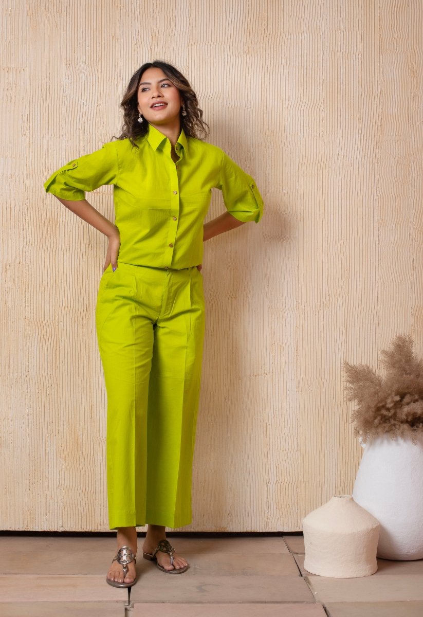DHOOP CHAAV LIME GREEN COTTON SHIRT AND PANT SET - Pomcha Jaipur