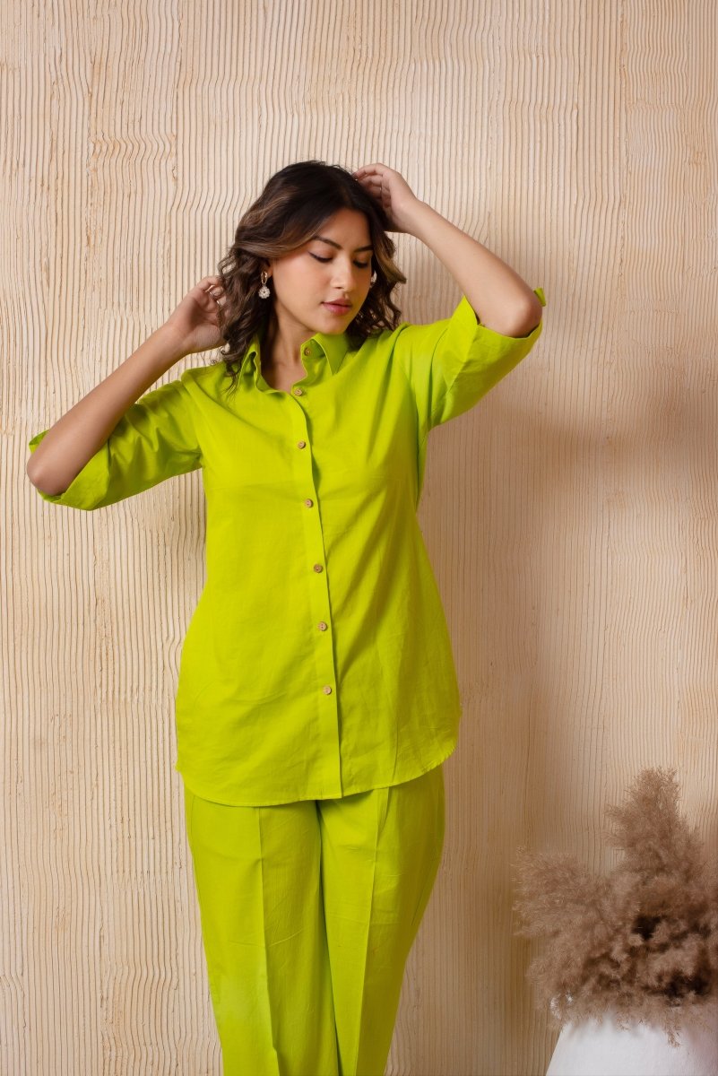DHOOP CHAAV LIME GREEN COTTON SHIRT AND PANT SET - Pomcha Jaipur