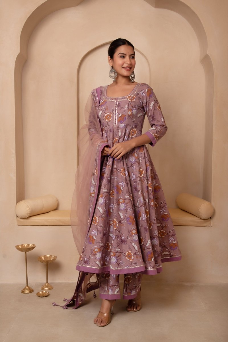 DHOOP CHAAV MAUVE FLORAL COTTON ANARKALI SET WITH SOFT NET DUPATTA - Pomcha Jaipur