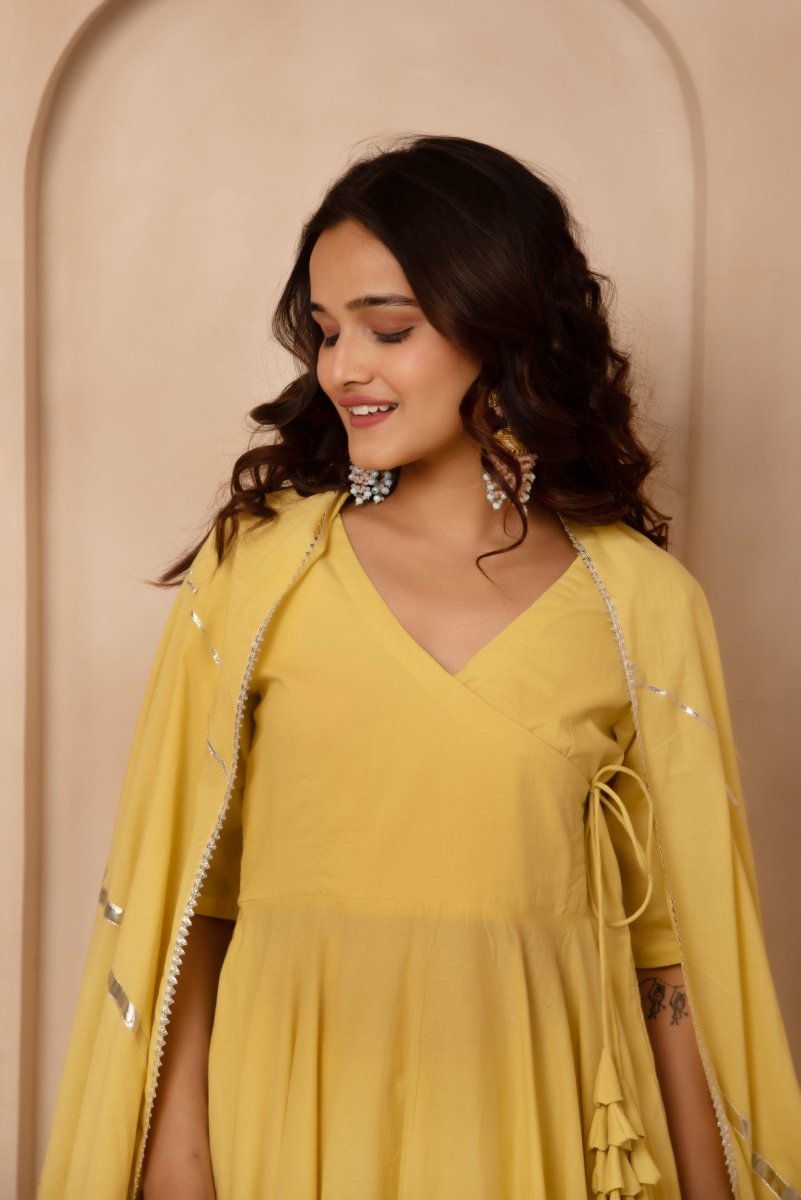 DHOOP CHAAV MIRA DUSTY YELLOW COTTON ANGRAKHA SET WITH COTTON DUPATTA - Pomcha Jaipur